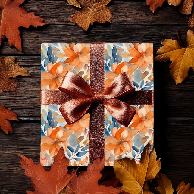 Papel De Presente Boho Fall Floral Blooms Terracotta Apricot Blue (Boho Fall | Autumn Floral Blooms Terracotta Apricot Blue Wrapping Paper)