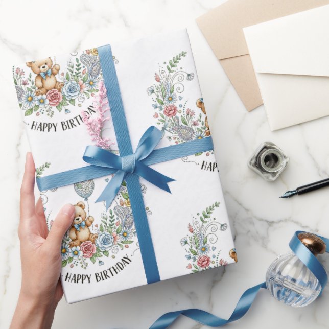Papel De Presente Boho floral birthday bear (Presentear)