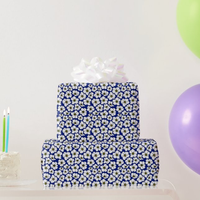 Papel De Presente Boho Floral Branco Sobre Azul  (Presentes para festas)