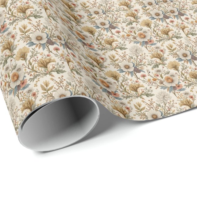 Papel De Presente Boho Floral in Beige (Ponta do rolo)