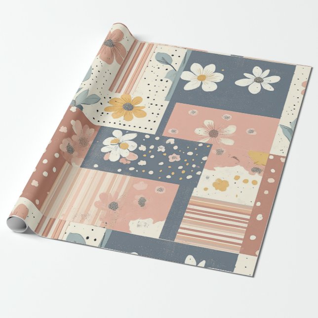 Papel De Presente Boho Floral Patchwork em Terracota e Sage (Desenrolado)