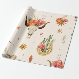 Papel De Presente Boho Floral Rústico Crânio de Vaca e Ocidental