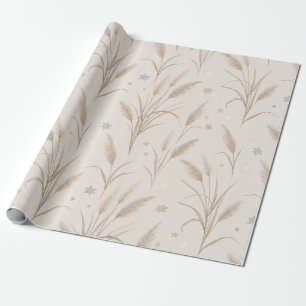 Papel De Presente Boho Grama Pampas Bege Marrom Padrão de Estrela (2
