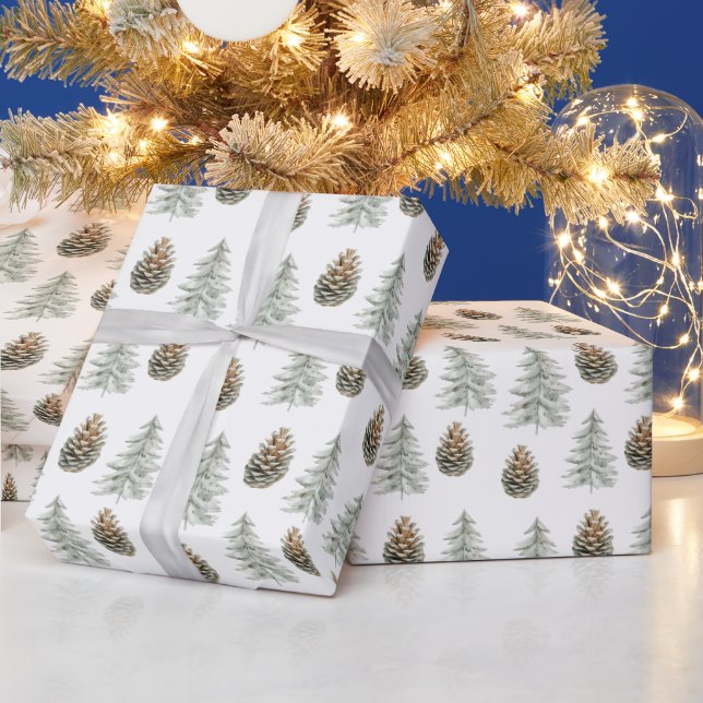 Papel De Presente Boho Green Christmas Trees Pine Cones (Feriados)