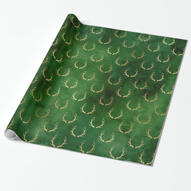 Papel De Presente Boho Green Dourado Antlers Natal (Desenrolado)
