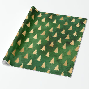 Papel De Presente Boho Green Dourado Árvores Natal