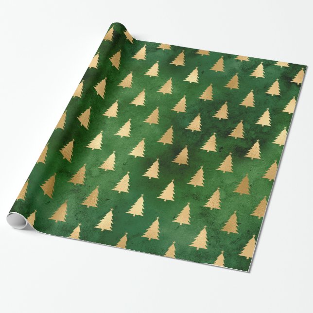 Papel De Presente Boho Green Dourado Árvores Natal (Desenrolado)