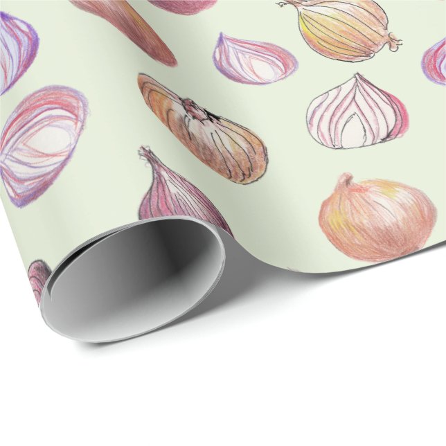 Papel De Presente Boho Kitchen Onions Ilustrados À Mão Veggie (Ponta do rolo)