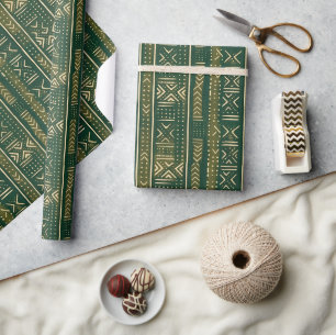 Papel De Presente Boho Linear Mudcloth Floresta Moss