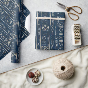 Papel De Presente Boho Linear Mudcloth Índigo Clássico