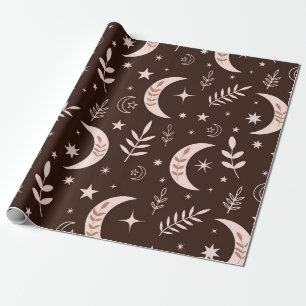 Papel De Presente Boho Lua com Folhas e Estrelas Marrom