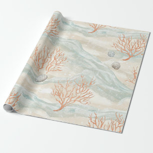 Papel De Presente Boho Luxo Padrão de Coral Costeiro em Aquarela (3)