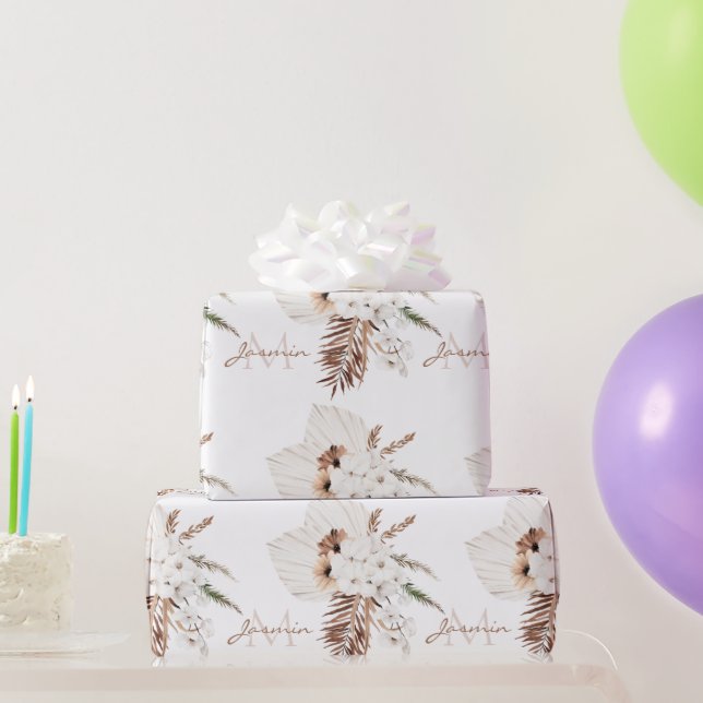 Papel De Presente Boho Marrom Grama de Pampas Orquídeas Brancas Mono (Presentes para festas)