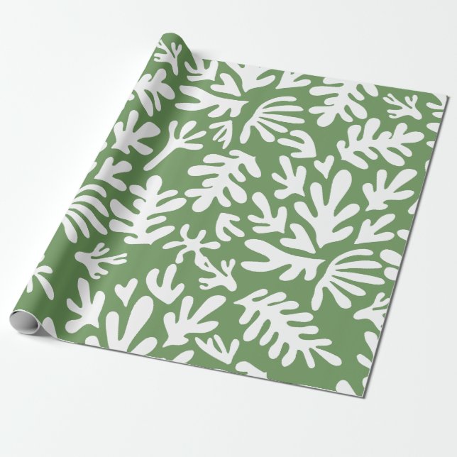Papel De Presente Boho Matisse Formas Botânicas Escuro Natal Verde (Desenrolado)