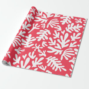 Papel De Presente Boho Matisse Formas Botânicas Natal Vermelho