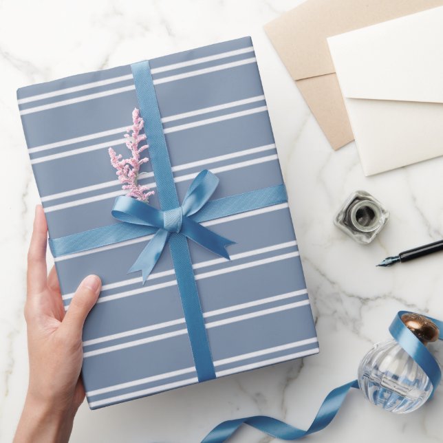 Papel De Presente Boho Moderno Neutro Listras Azul Costeiro (Presentear)