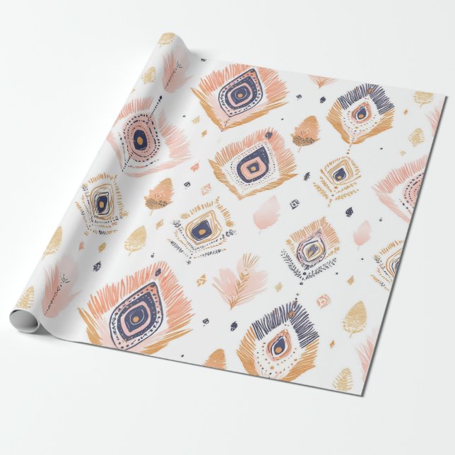 Papel De Presente Boho Neutral Feather (Desenrolado)