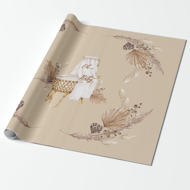 Papel De Presente Boho Oh Baby Brown e Tan Bassinet (Desenrolado)