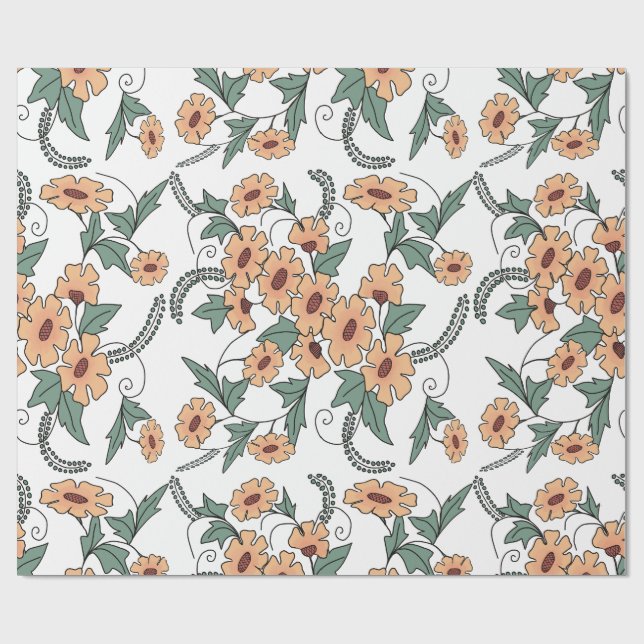 Papel De Presente Boho Orange & Teal Floral Botanical Wrapping Paper (Aberto)