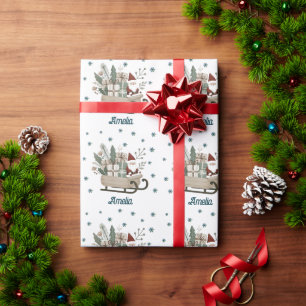 Papel De Presente Boho Papai Noel no Trenó com Presentes Flocos de N