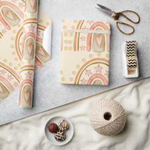 Papel De Presente Boho Rainbow Amarelo Laranja e Meninas Verdes