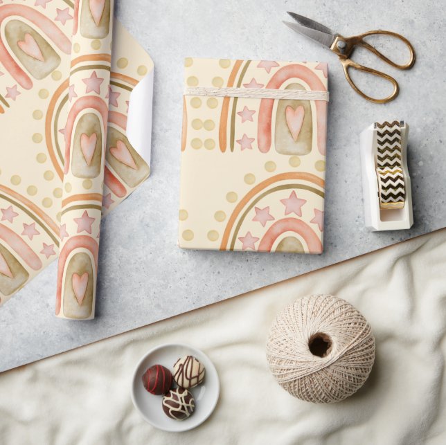 Papel De Presente Boho Rainbow Amarelo Laranja e Meninas Verdes (Artesanato)