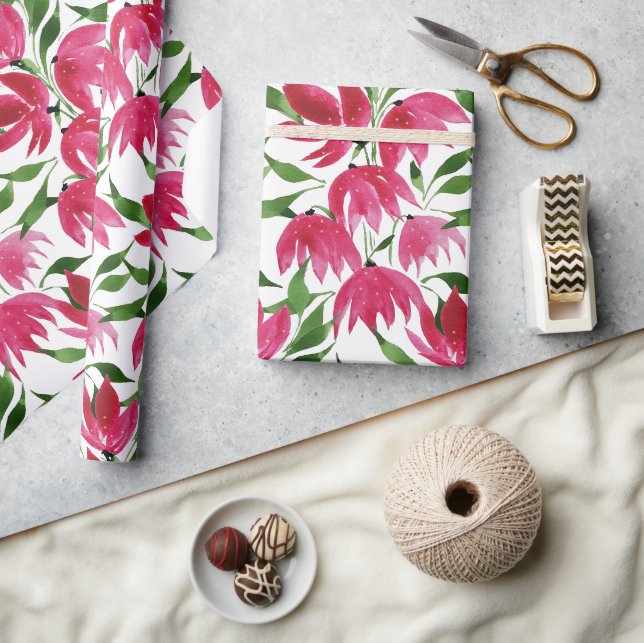 Papel De Presente Boho Rosa Floral Aquarela (Artesanato)