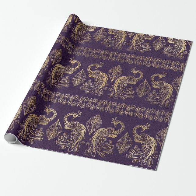 Papel De Presente Boho Roxo e Pavão Dourado (Desenrolado)