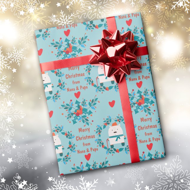 Papel De Presente Boho Snow Bear Wreath and Hearts Christmas (Criador carregado)