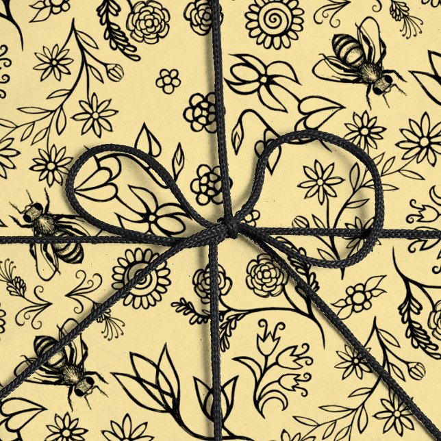 Papel De Presente Boho Summer Floral Mel Padrão de Abelhas Amarelo (Criador carregado)