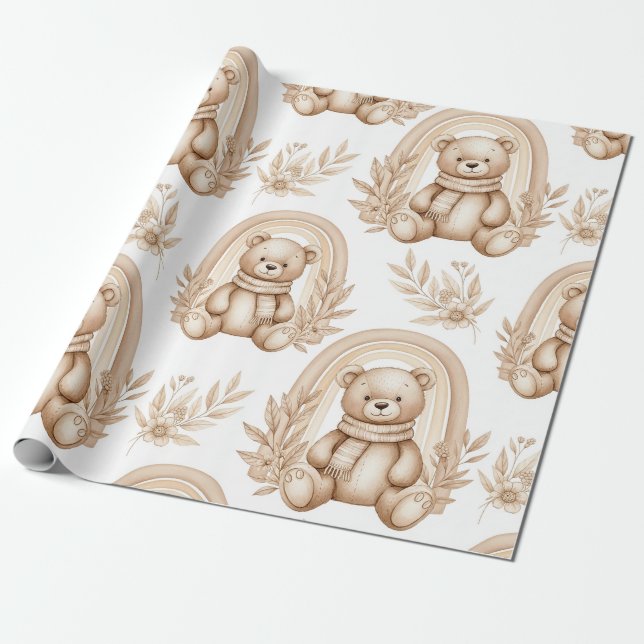 Papel De Presente Boho Teddy Bear Rainbow Neutral Floral (Desenrolado)