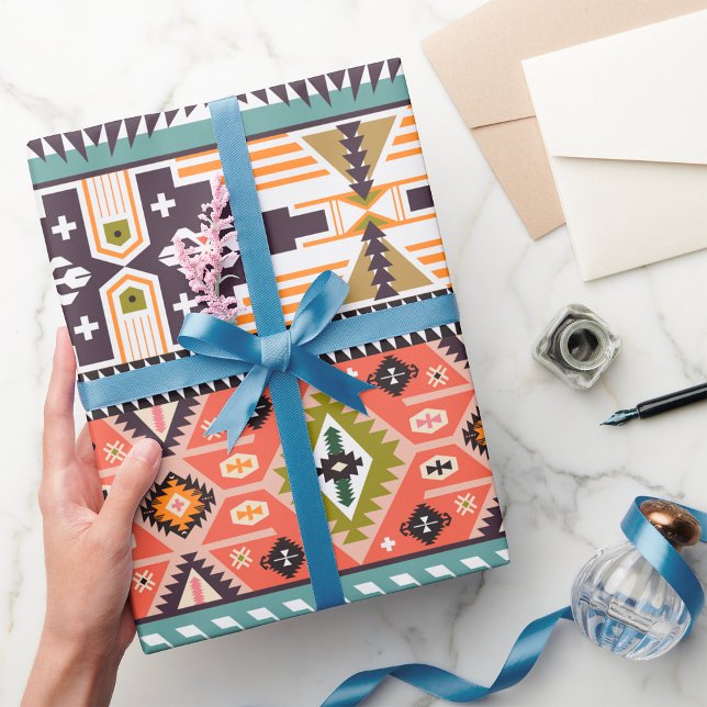 Papel De Presente Boho Tribal - Padrão Geométrico Sudoeste Aztec (Criador carregado)