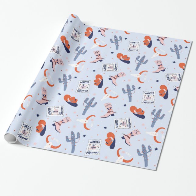 Papel De Presente Boho Western Christmas - Azul (Desenrolado)