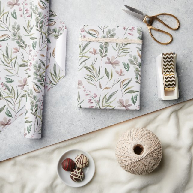 Papel De Presente Boho Wildflower Dusty Pink Sage Green (Artesanato)