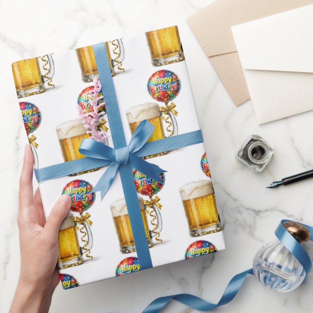 Papel De Presente Bola de Aniversário Amarrada a uma Caneca de Cerve (Presentear)
