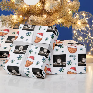 Papel De Presente Bola de Basquete Chapéu de Papai Noel Floco de Nev