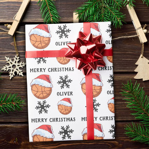 Papel De Presente Bola de Basquete com Chapéu de Papai Noel Vermelho