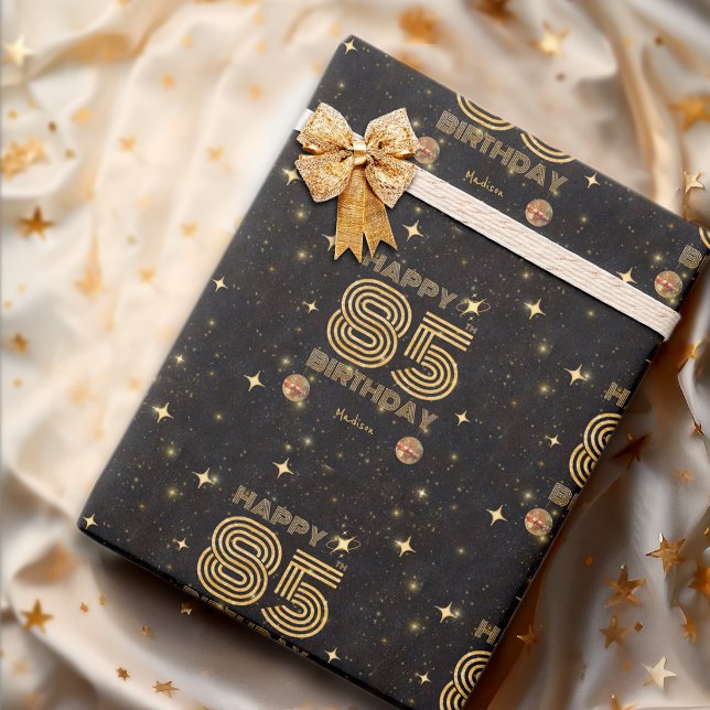 Papel De Presente Bola de Dança Disco Ouro Preto Aniversário de 85 a (Criador carregado)