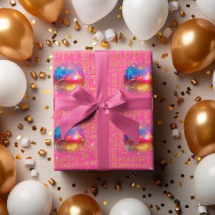 Papel De Presente Bola de Discoteca Brilho Dourado Aniversário Feliz