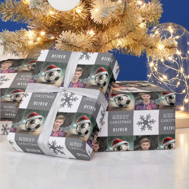 Papel De Presente Bola de Futebol com Foto de Floco de Neve com Chap (Feriados)