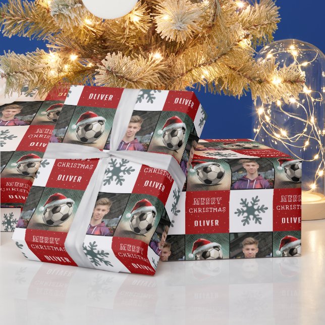 Papel De Presente Bola de Futebol com Foto de Floco de Neve com Chap (Feriados)