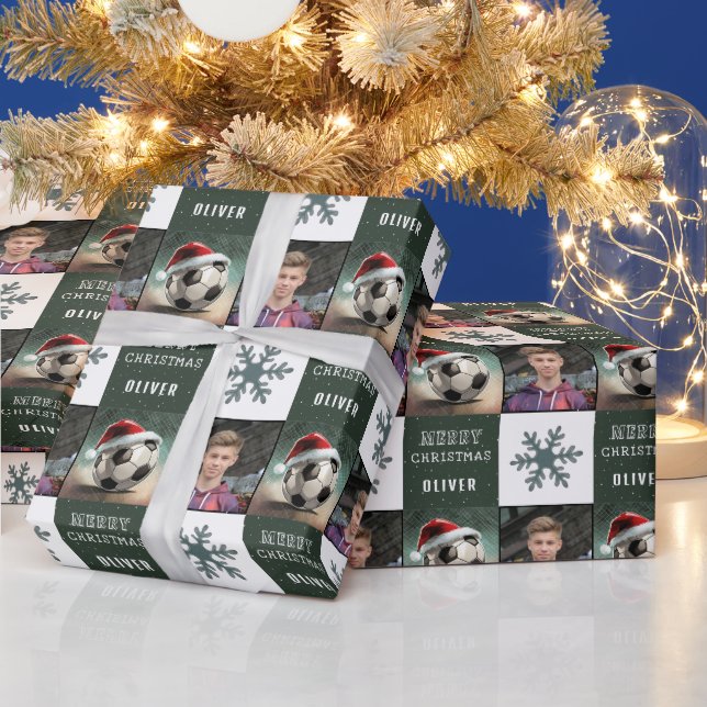Papel De Presente Bola de Futebol com Foto de Floco de Neve e Chapéu (Feriados)