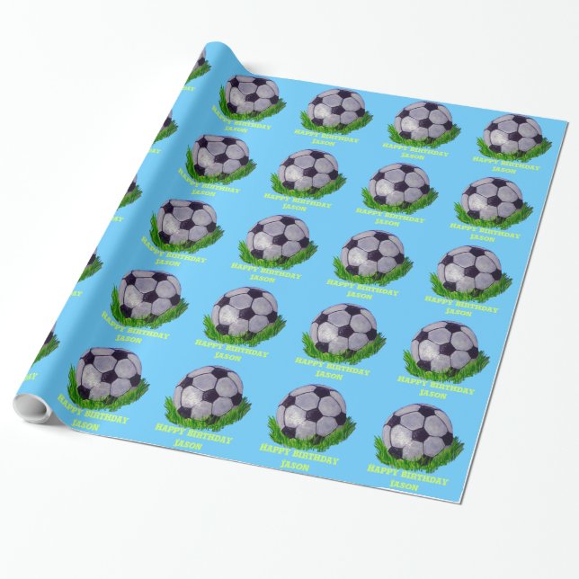 Papel De Presente Bola de futebol customizável na grama (Desenrolado)