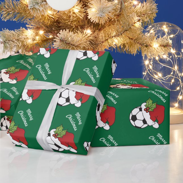 Papel De Presente Bola de Futebol de Natal com Verde Escuro (Feriados)