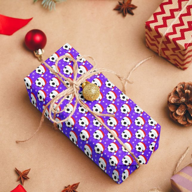 Papel De Presente Bola de Futebol Vestindo Chapéu do Papai Noel e Fl (Criador carregado)