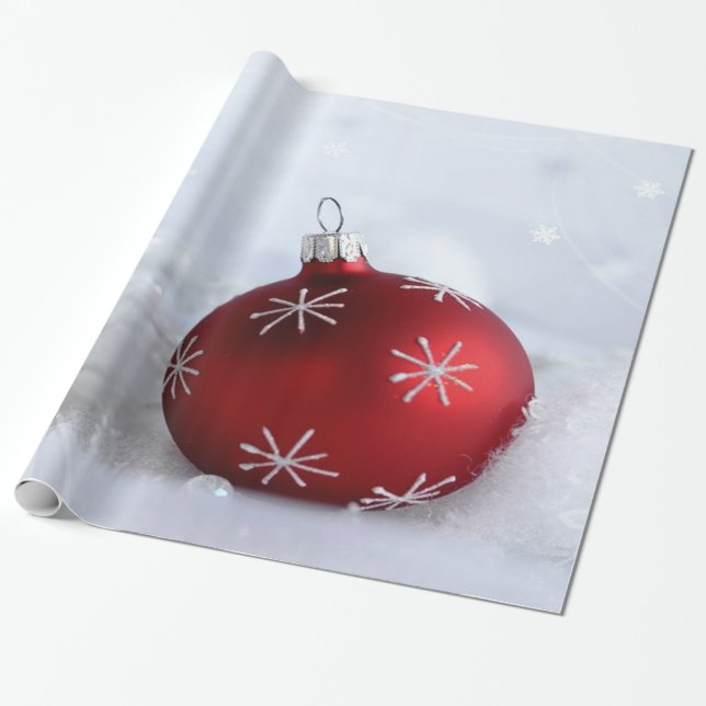 Papel De Presente Bola de Natal Vermelha com Flocos de Neve (Desenrolado)