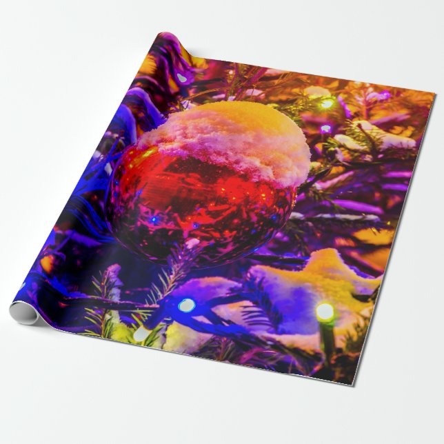 Papel De Presente Bola de Ornamento Vermelho, Boné de Neve (Desenrolado)