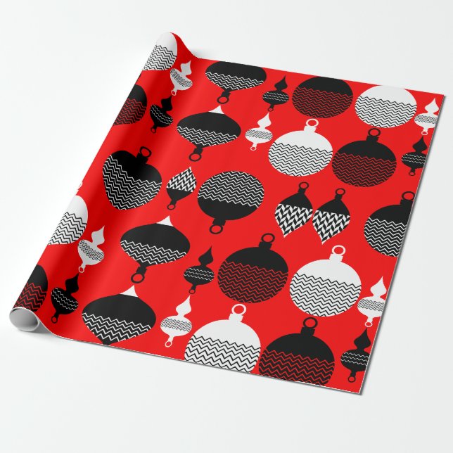 Papel De Presente Bola Decorânea Vermelha e Preta de Natal (Desenrolado)