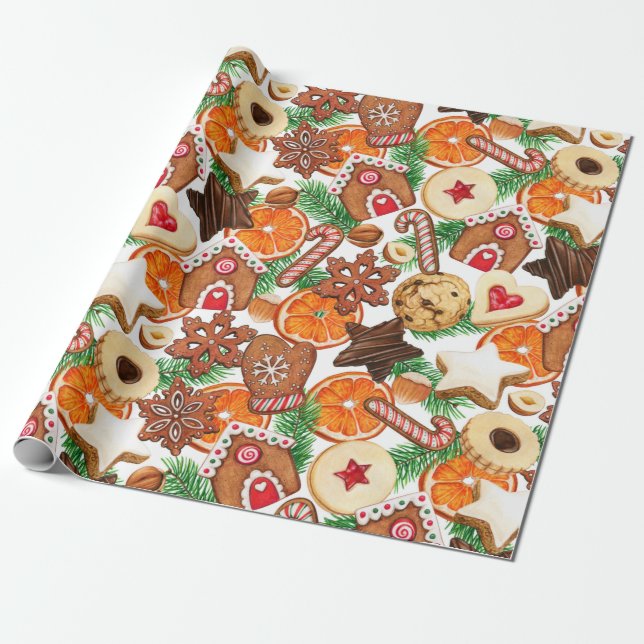 Papel De Presente Bolachas de Natal de Especiarias Laranja e Doces (Desenrolado)