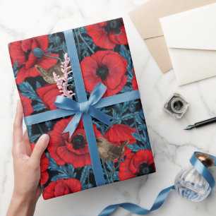 Papel De Presente Bolachas e bisnagas vermelhas, folhas azuis em pre